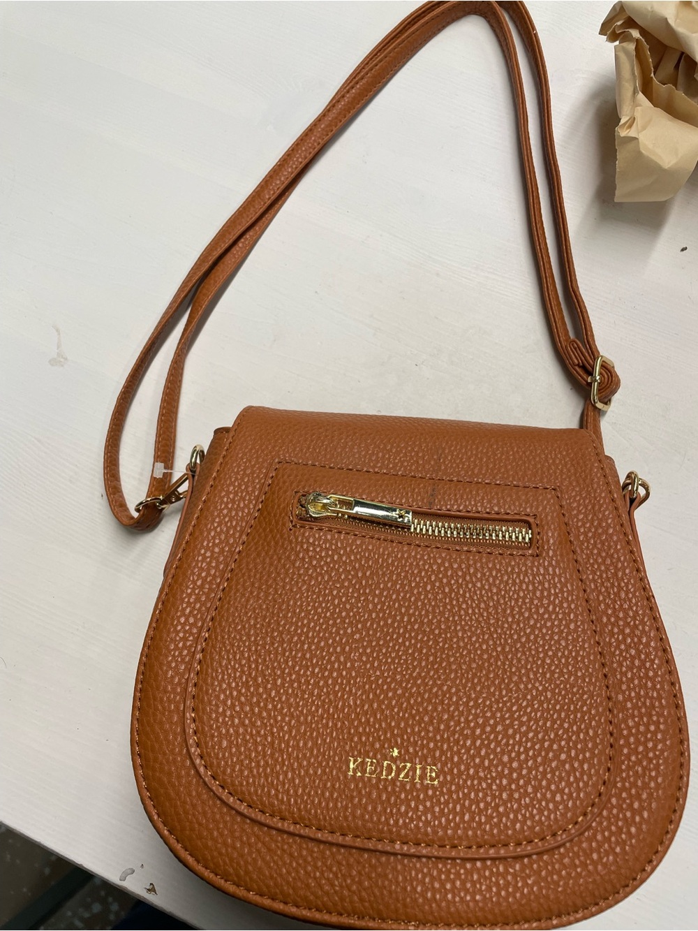 Kedzie Cognac Brown Pebbled Crossbody Saddle Bag Gold Hardware